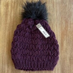 Women's Crocheted Burgundy Beanie with Faux Fur Black Pom